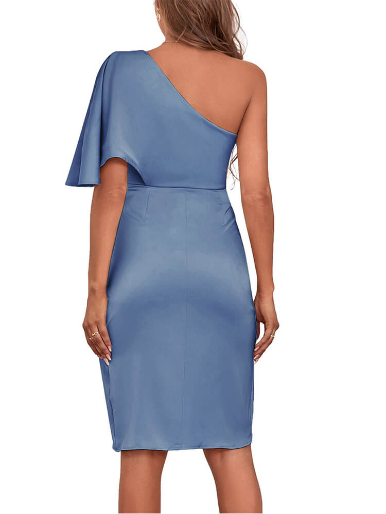 Satin Ruffle One Shoulder Ruched Split Wrap Front Cocktail Bodycon Midi Dress