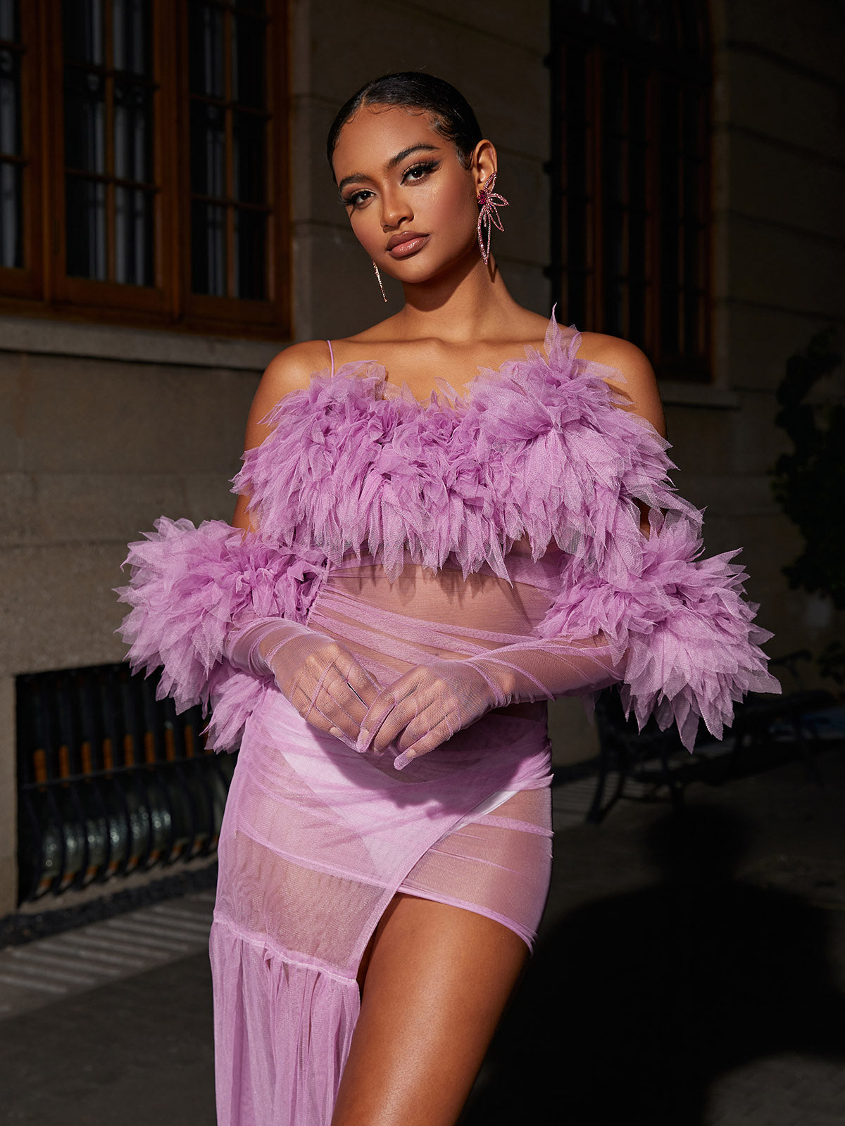 Off-Shoulder Ruffle Tulle Sheer Mesh High Slit Maxi Dress 4