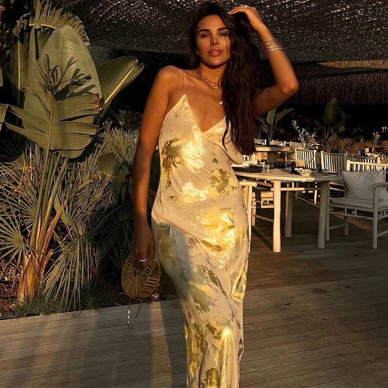 V Neck Strappy Print Tight Summer Dress