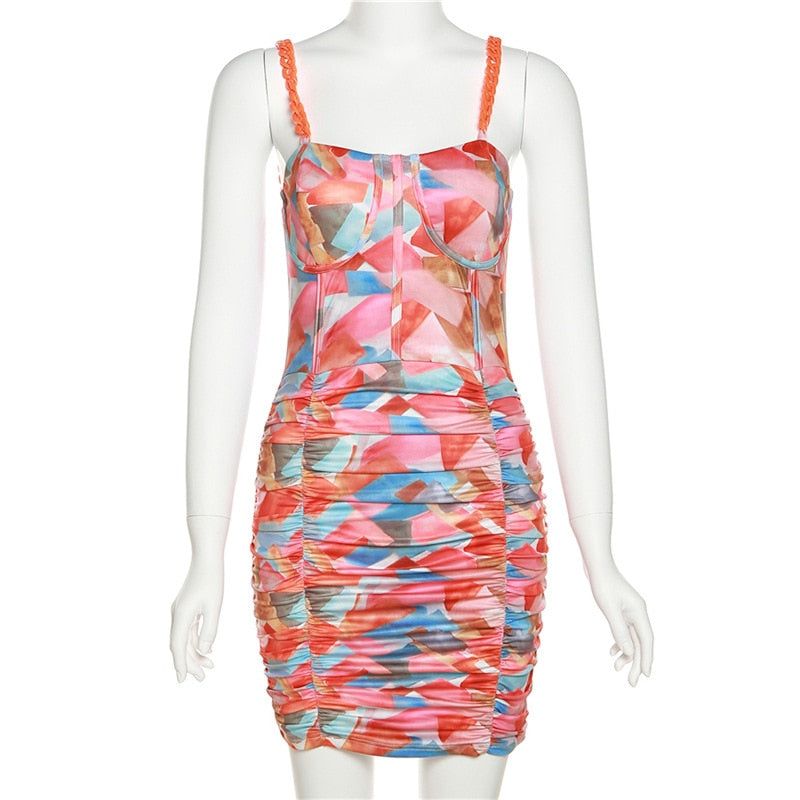 Sweetheart Neck Braided Strap Abstract Print Ruched Bodycon Mini Dress