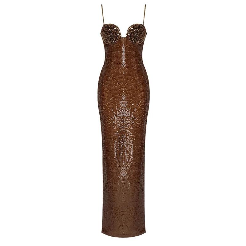 Brown Strapless Sweetheart Sequin Rosette Bodycon Maxi Dress 15
