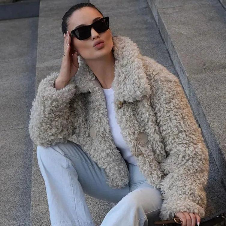 Beige Lapel Collar Fuzzy Faux Fur Plush Cropped Jacket
