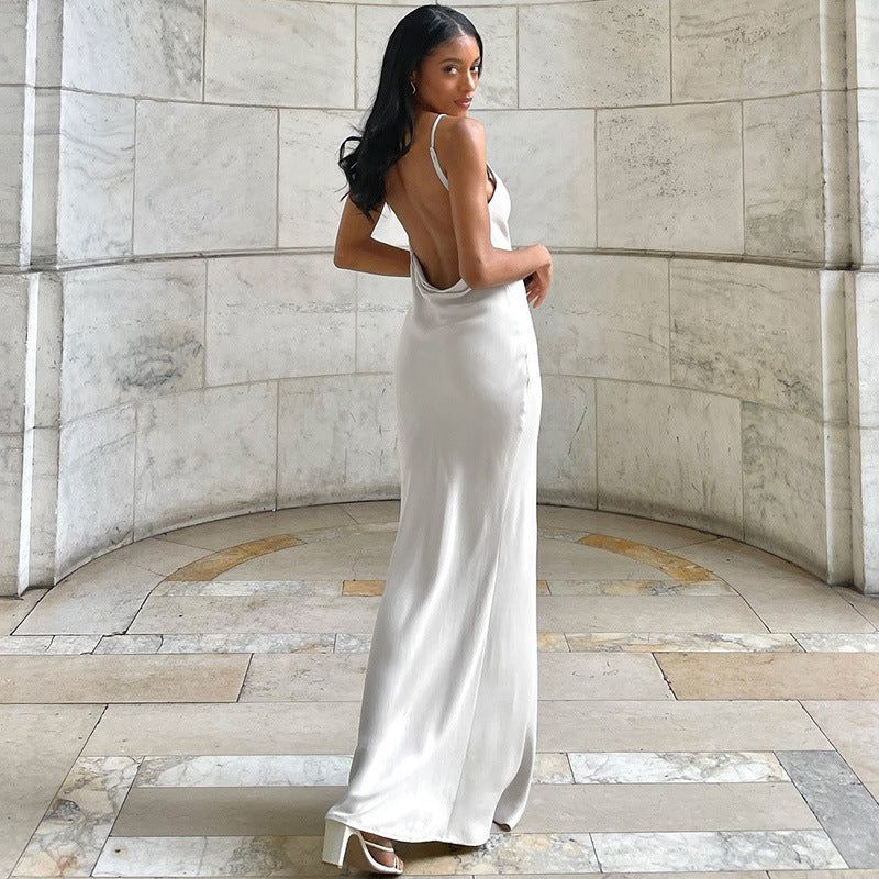 White Spaghetti Strap Cowl Neck Satin High Slit Bodycon Maxi Dress