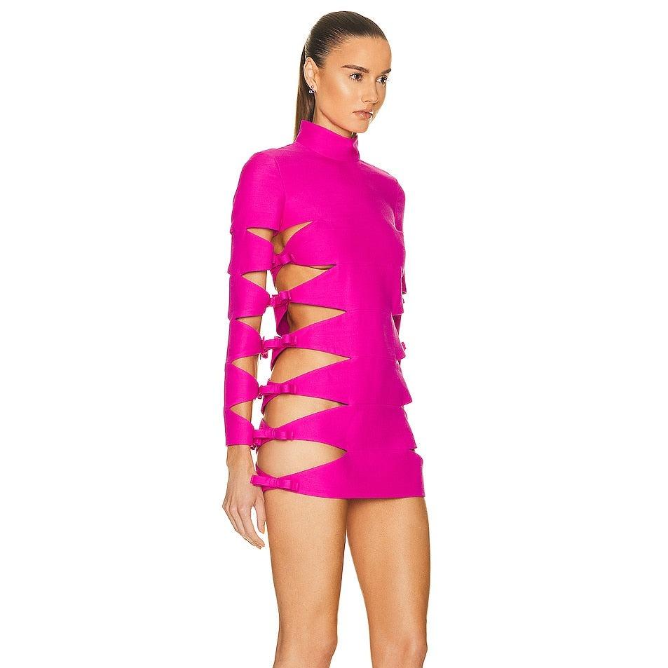 Pink High Neck Long Sleeve Bow Cutout Bodycon Mini Dress