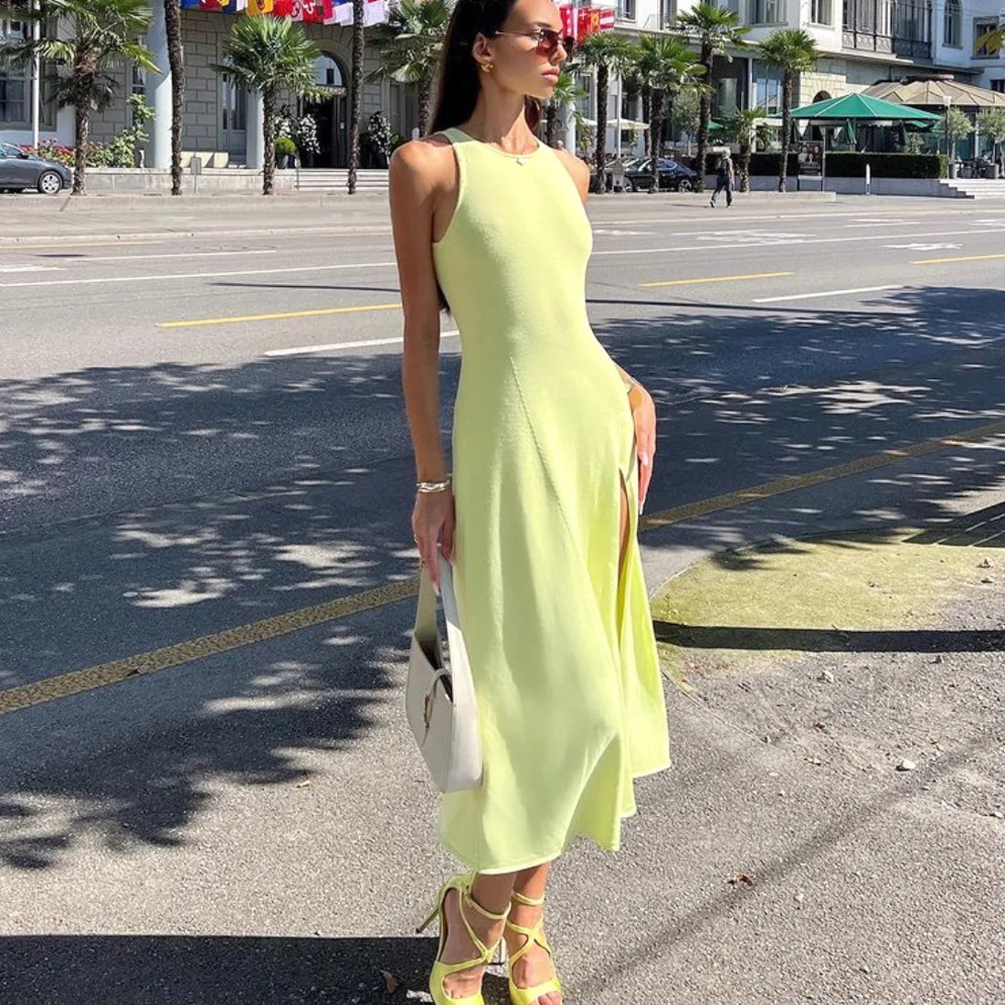 Knit Slit Solid High Waisted Vacation Dresses