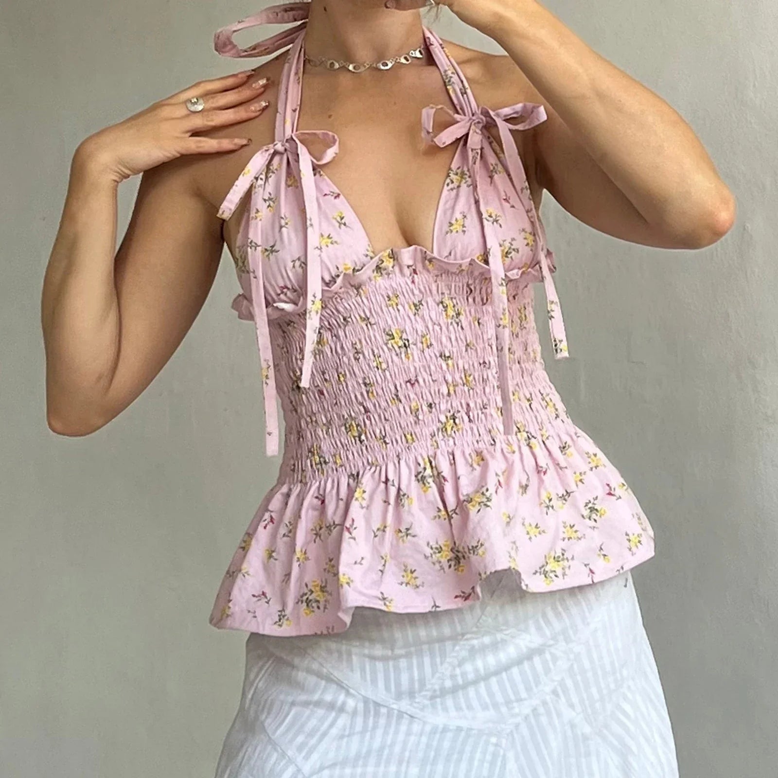Y2K Floral Print Ruffled Hem TieUp Cami Top
