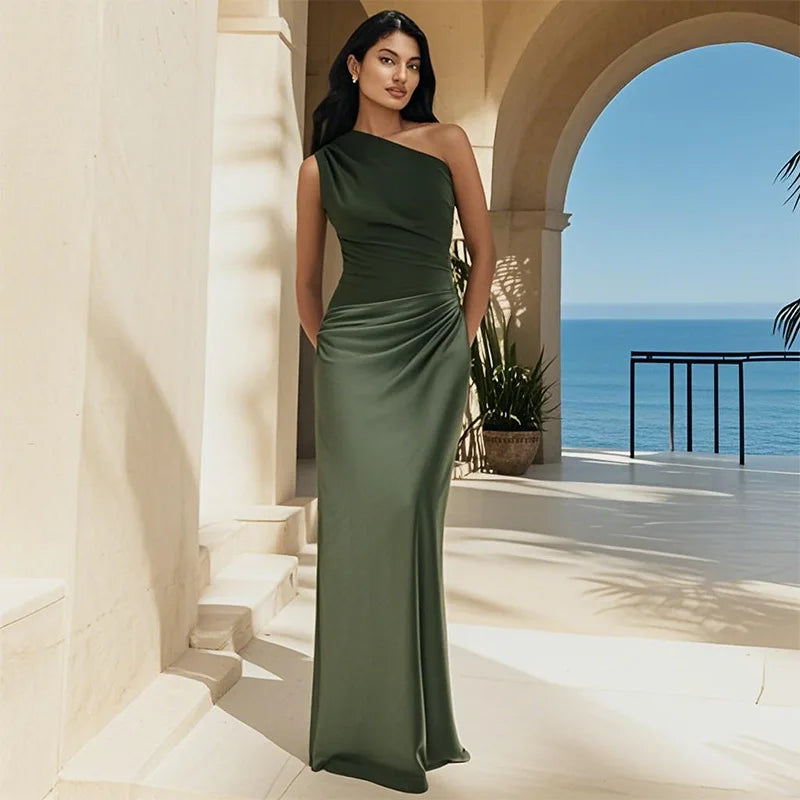 One-Shoulder Ruched Satin Mermaid Maxi Gown 7