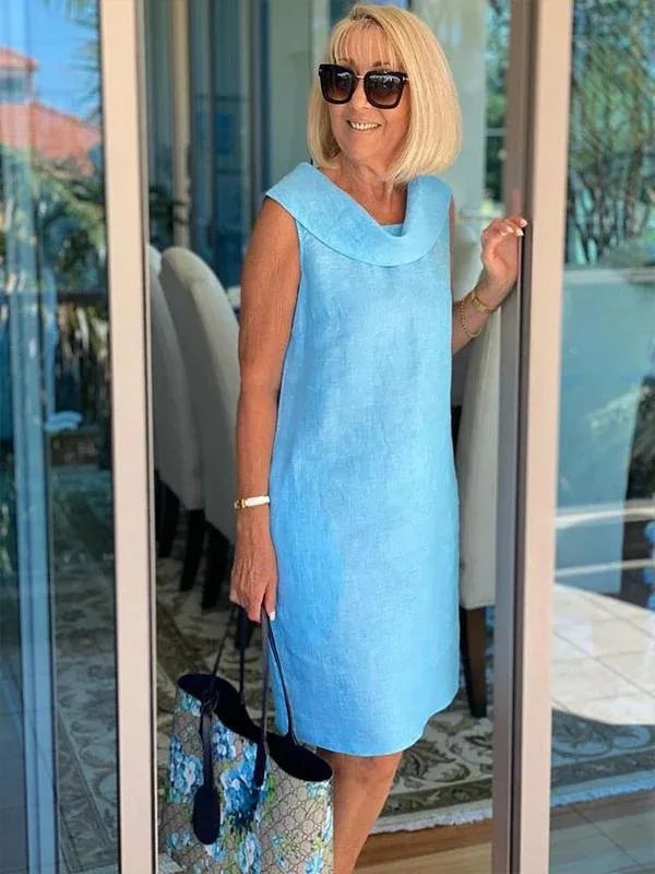 Cowl Neck Sleeveless Linen Shift Midi Dress