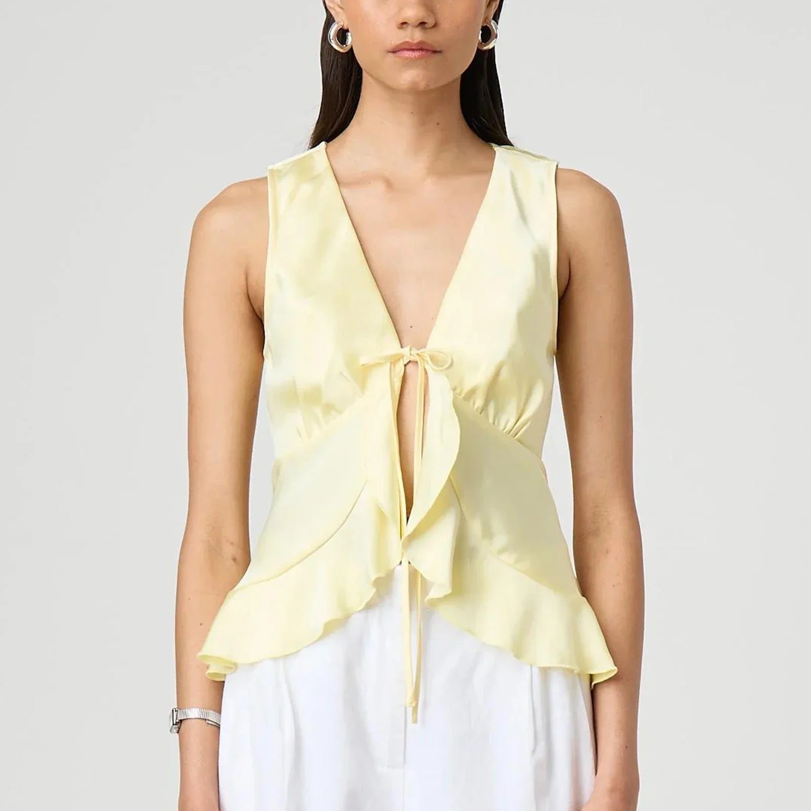 Bow Tieup VNeck Ruffled Hem Silky Cami Top