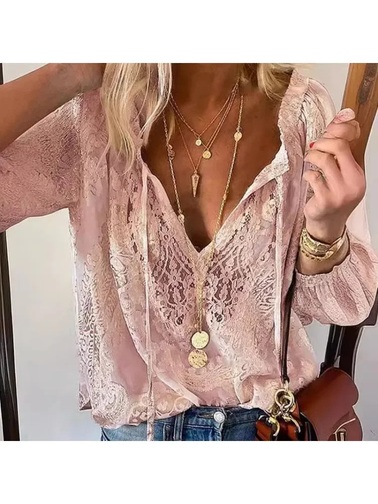 Vintage Button Laceup Long Sleeve Blouse