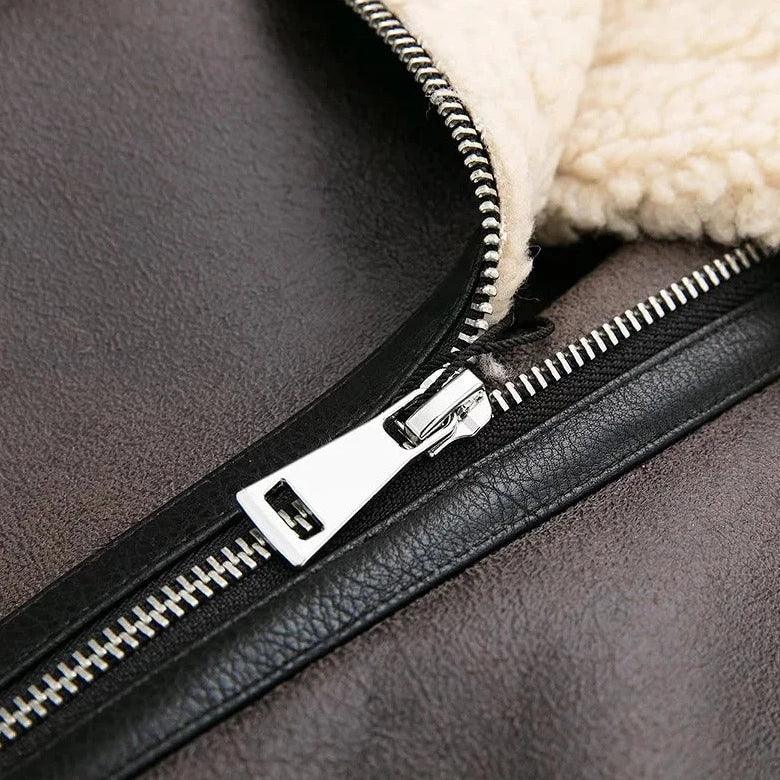 Brown Faux Shearling Lapel Leather Aviator Jacket