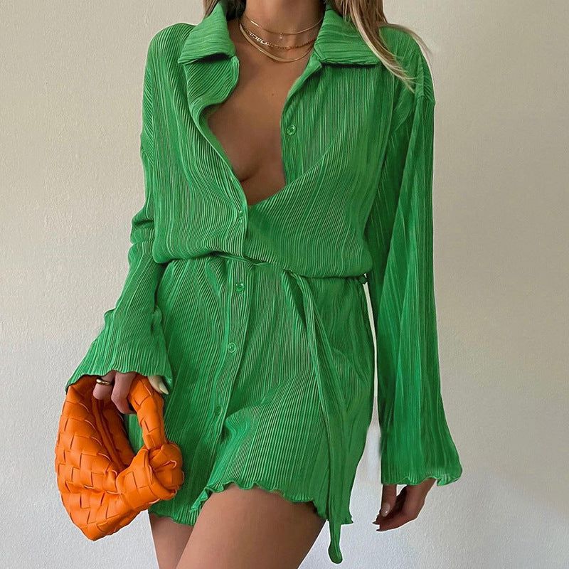 Collared Long Sleeve Pleated Button Up Shirt Mini Dress