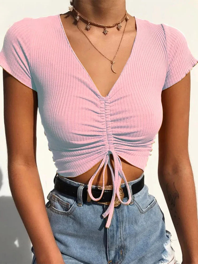 VNeck Drawstring Ribbed Crop Top