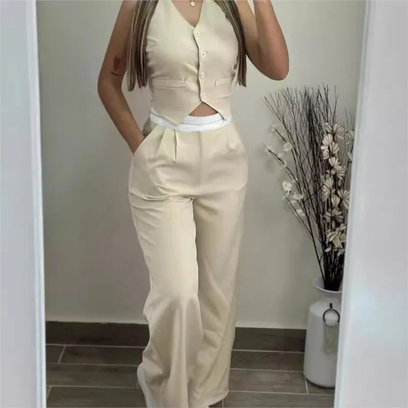 VNeck Pocket Straight Pant Suit