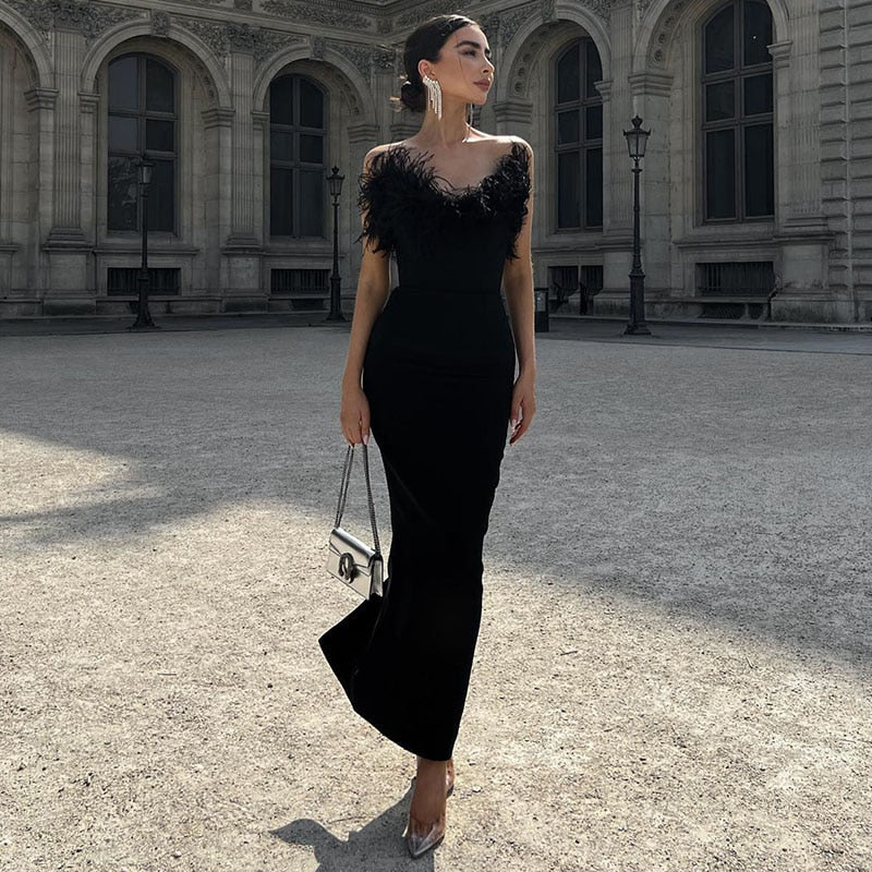 Strapless Feather Evening Sexy Corset Bodycon Midi Dress