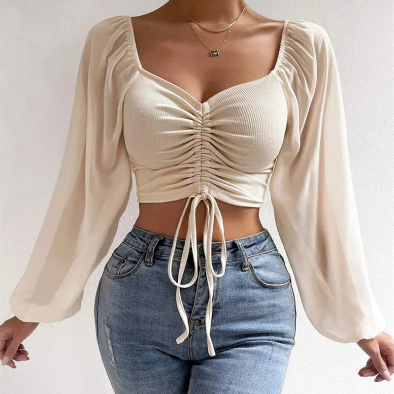 VNeck Drawstring Bandage Sheer Top