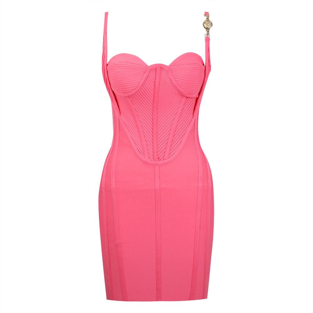 Pink Spaghetti Strap Sweetheart Mesh Corset Bodycon Mini Dress