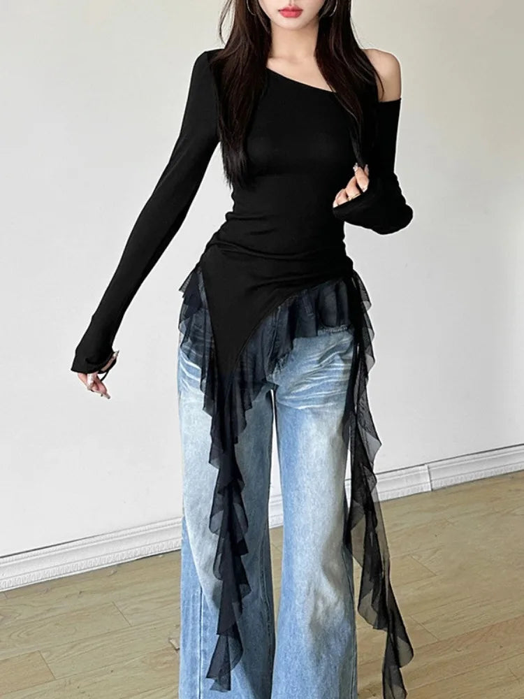 Irregular Patchwork Gauze Sheer Top