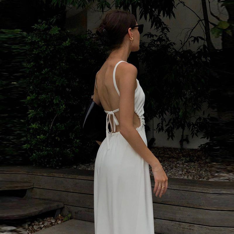 White Spaghetti Strap Ruched Cutout Backless Satin Midi Dress