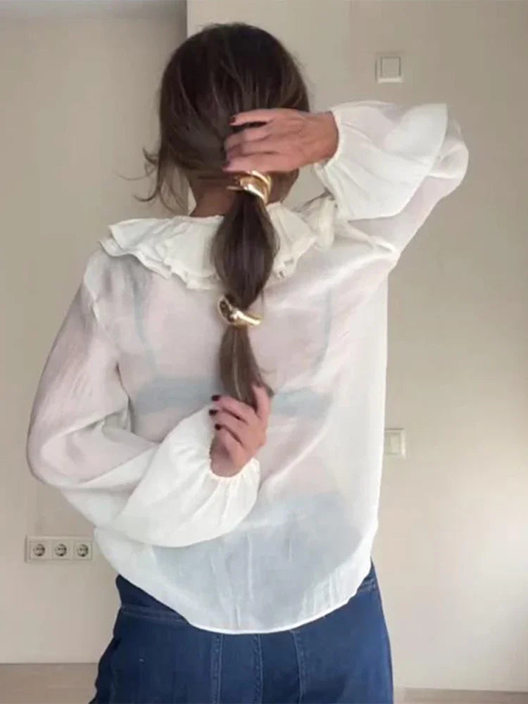 Women Ruffles Lace Up White Vneck Flared Blouse