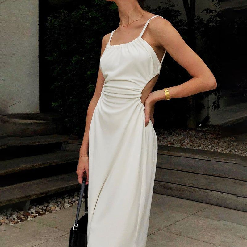 White Spaghetti Strap Ruched Cutout Backless Satin Midi Dress