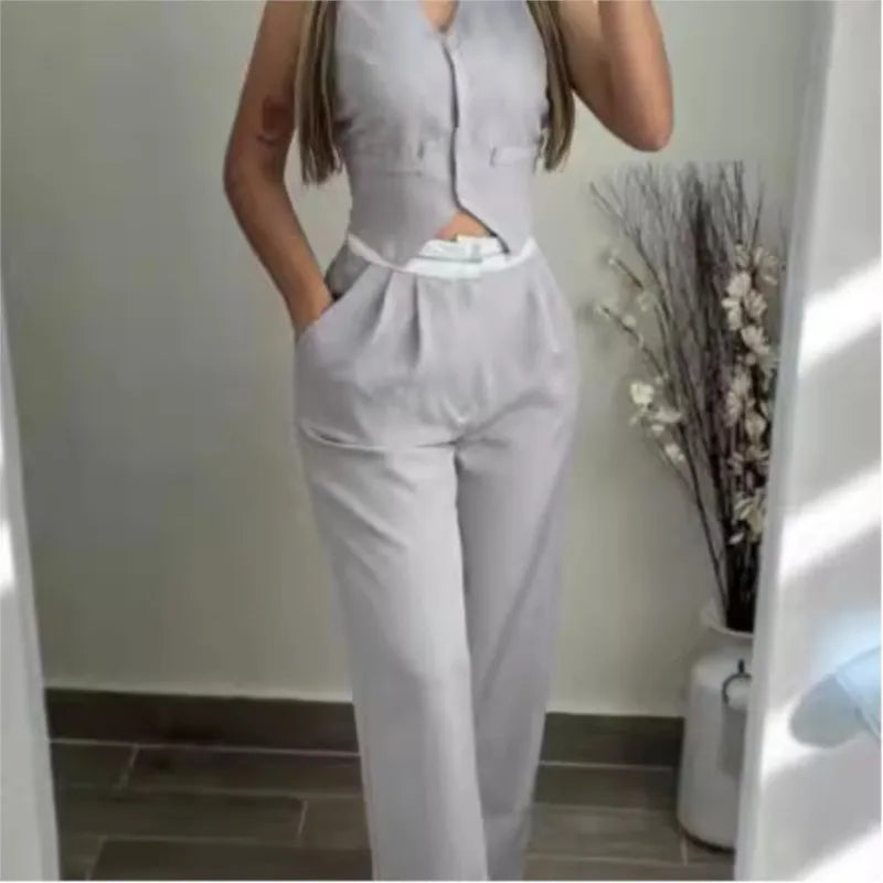 VNeck Pocket Straight Pant Suit