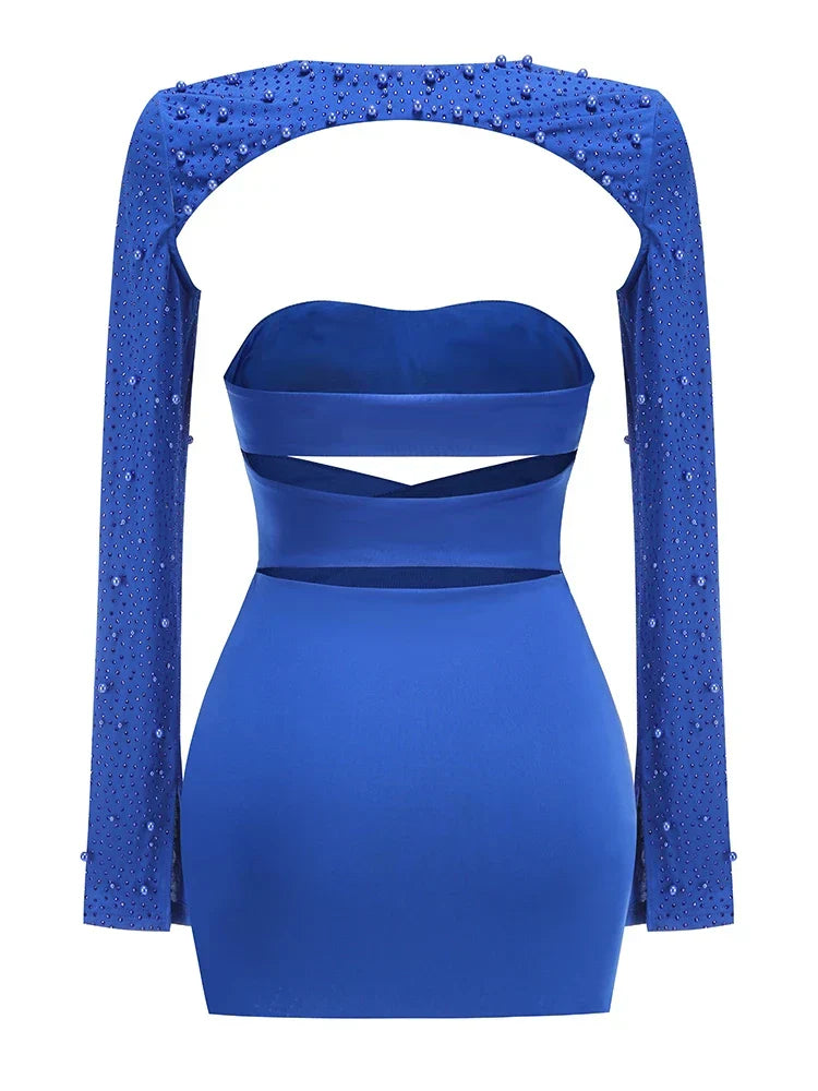 Hollow Out Diamonds Beaded Blue Dress