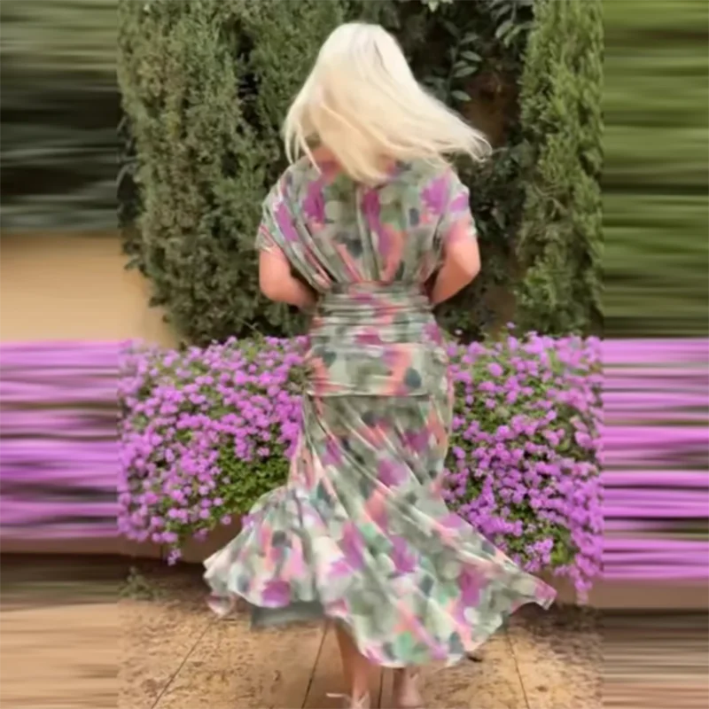 Pleated Bat Sleeve ALine Floral Dress