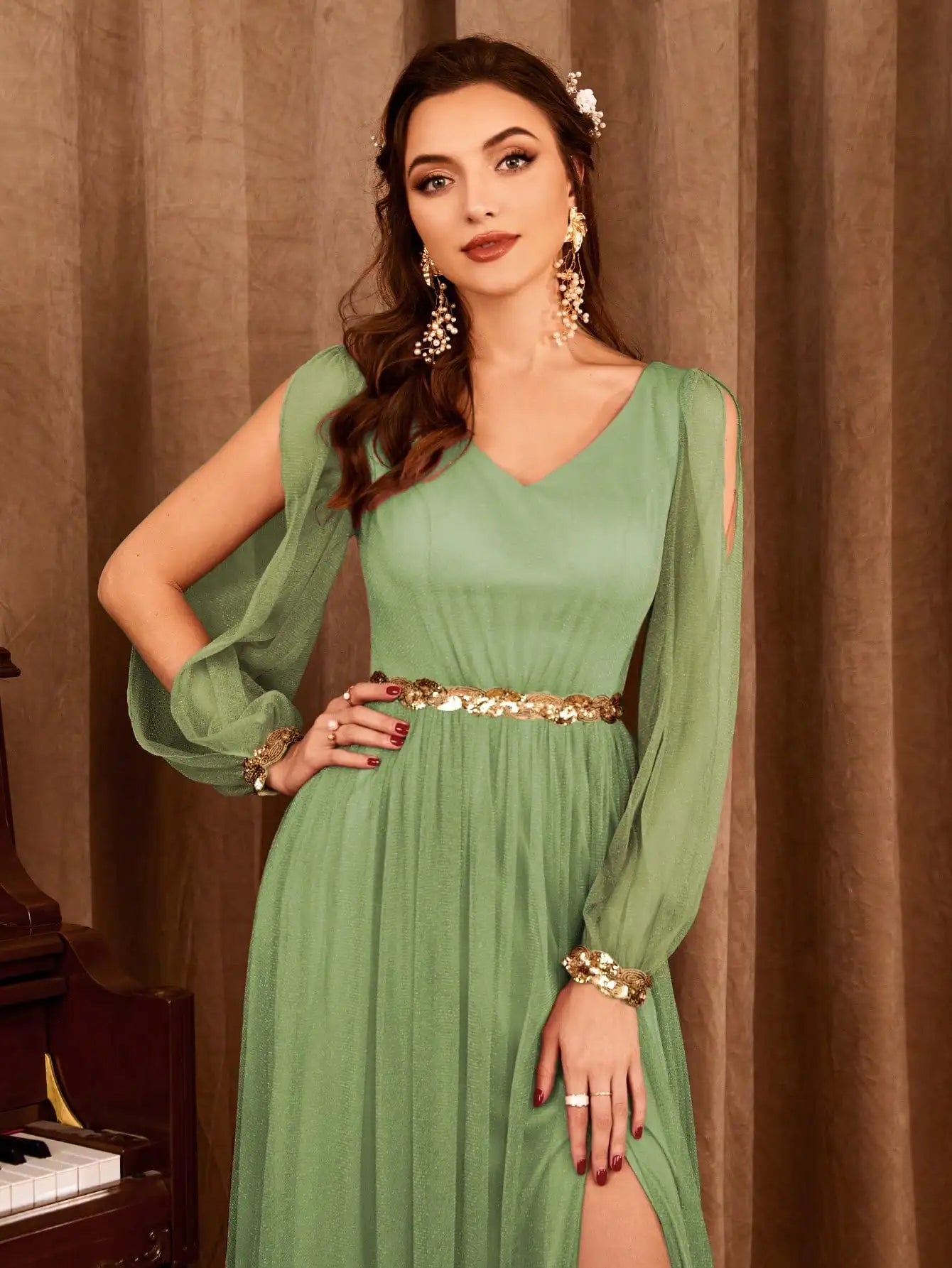Gauze Applique Slit Vneck Maxi Dress