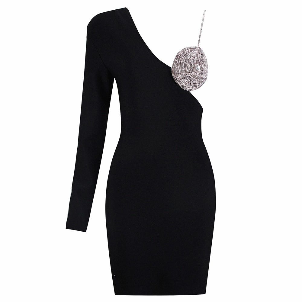 One Shoulder Rhinestone Cup Cutout One Sleeve Bodycon Mini Dress