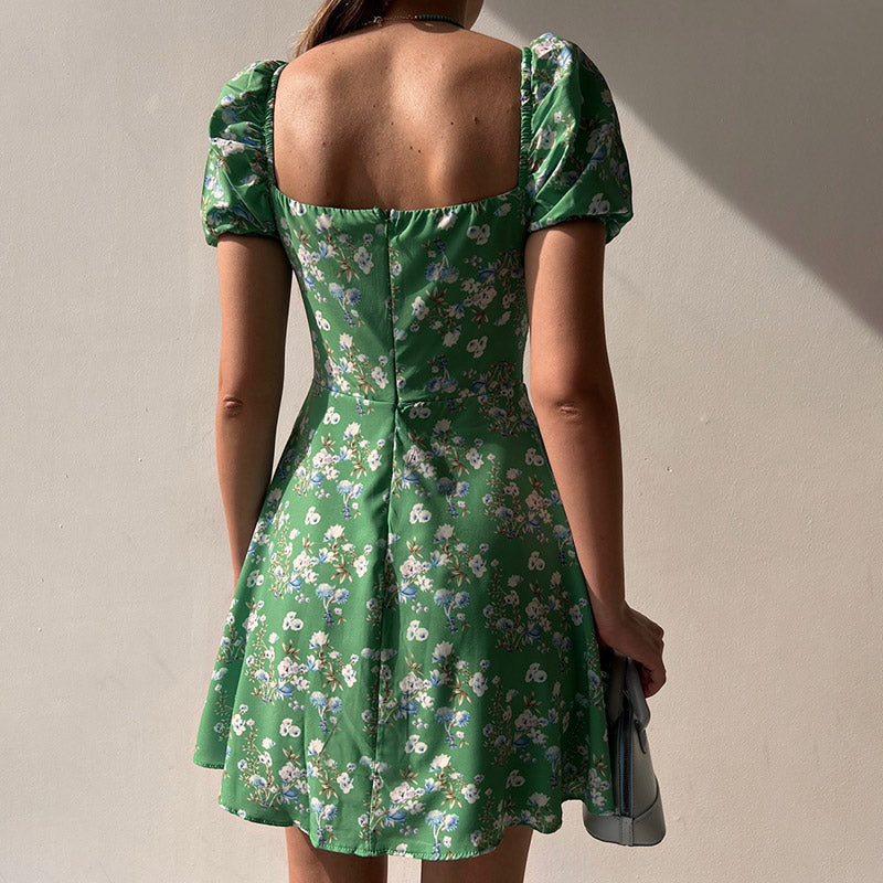Waist Arm A-Line Puff Women’s V-Neck High Flowered Dress M / Orange Dresses