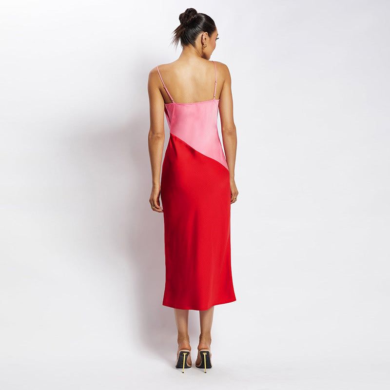 Red Cowl Neck Spaghetti Strap Satin Diagonal Panel Bodycon Maxi Dress