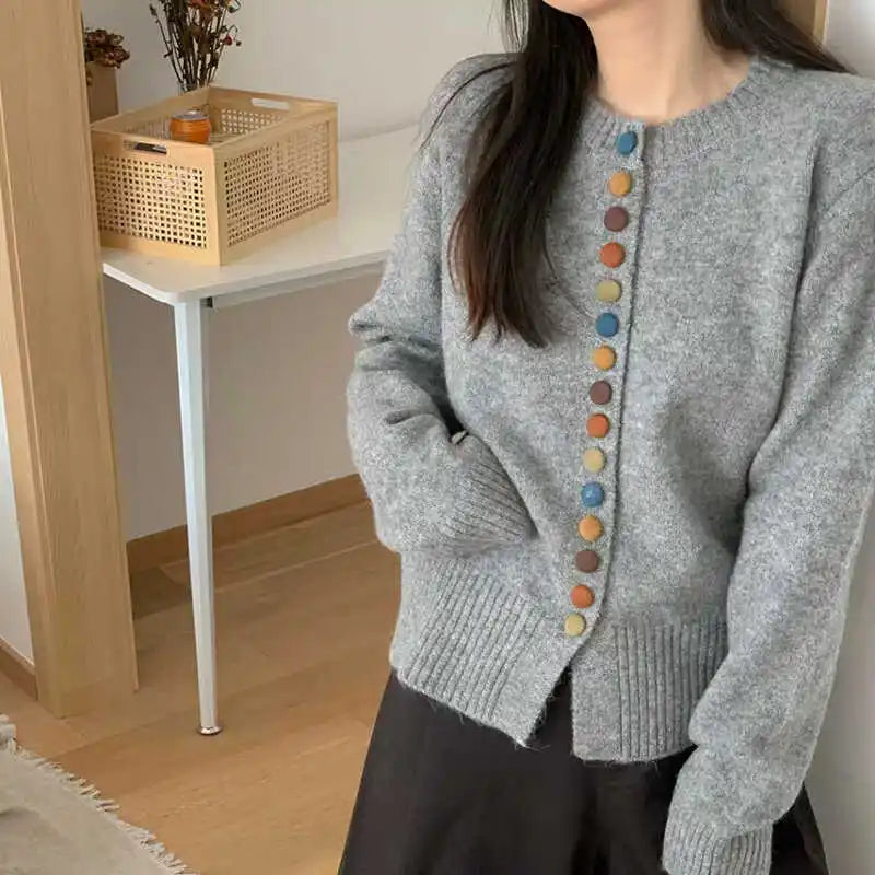 Round Neck Multicolor Button Knit Long Sleeve Cardigan