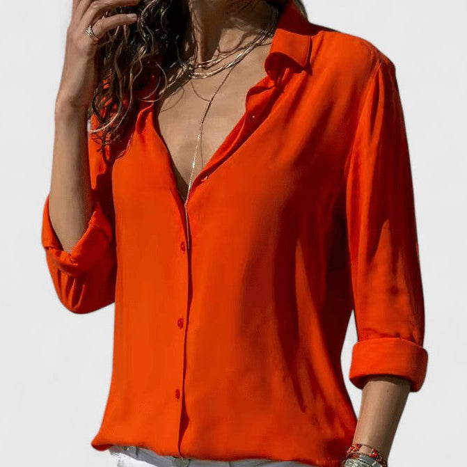 Collared Button-Front Long Sleeve Chiffon Blouse 5