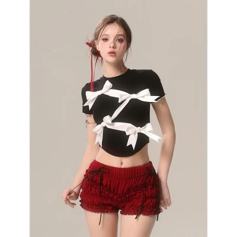 Bow Decoration Black Slim Tshirt