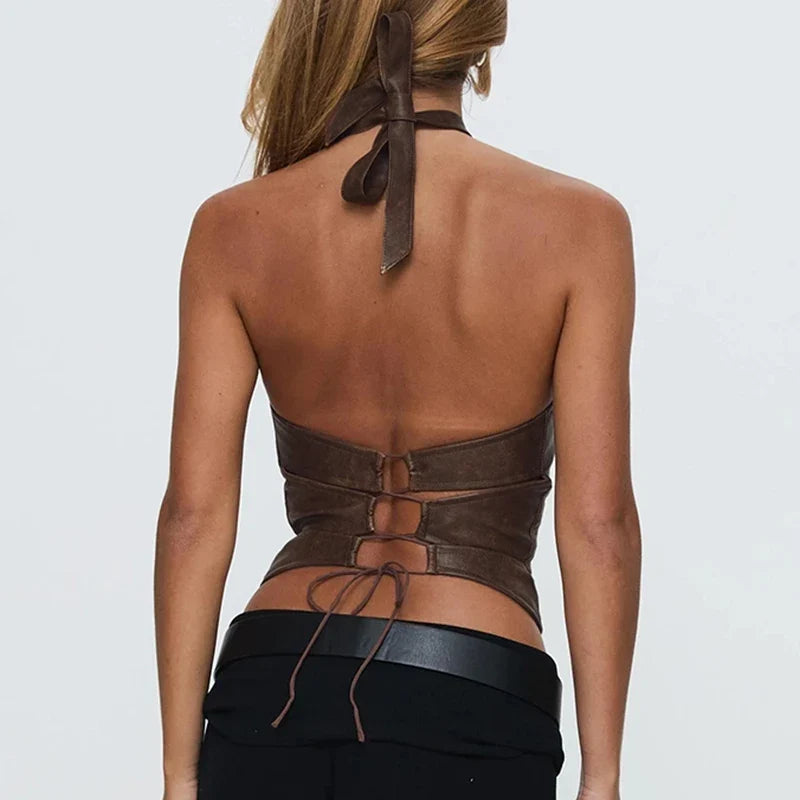 Brown Retro Lace Up Crop Top