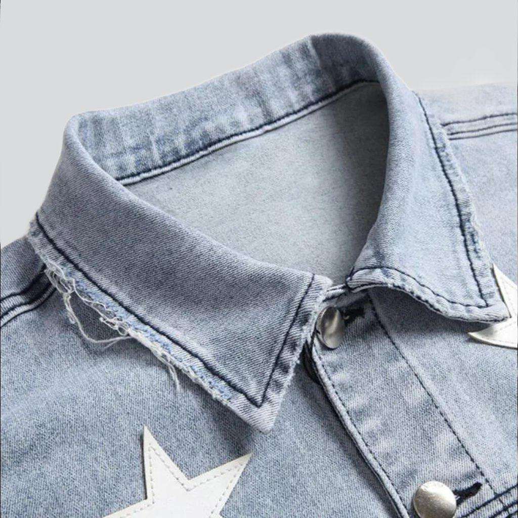 Light Blue Collared Button Front Star Patch Denim Jacket 4