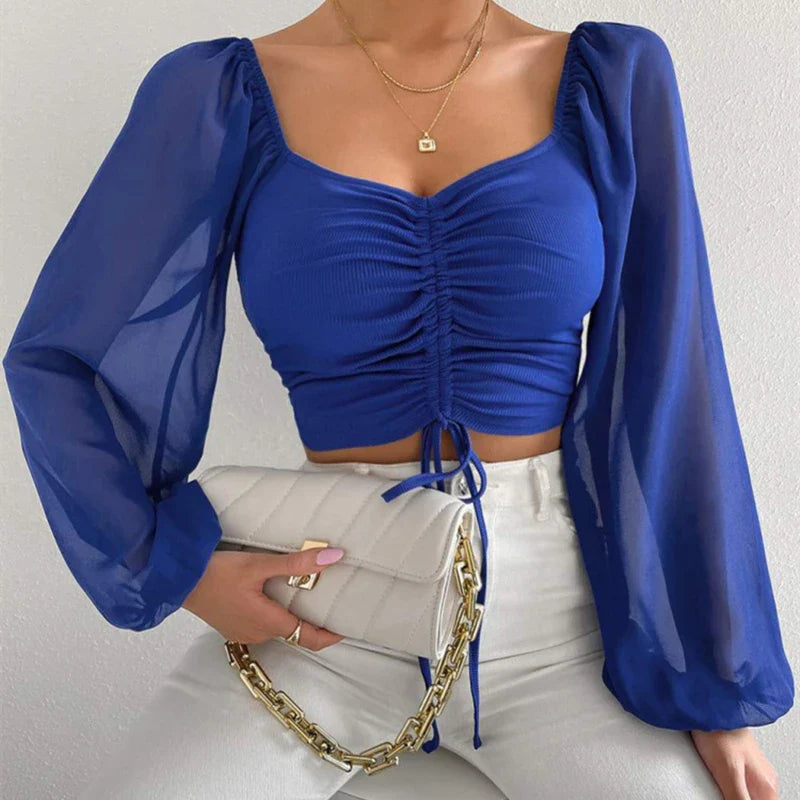VNeck Drawstring Bandage Sheer Top