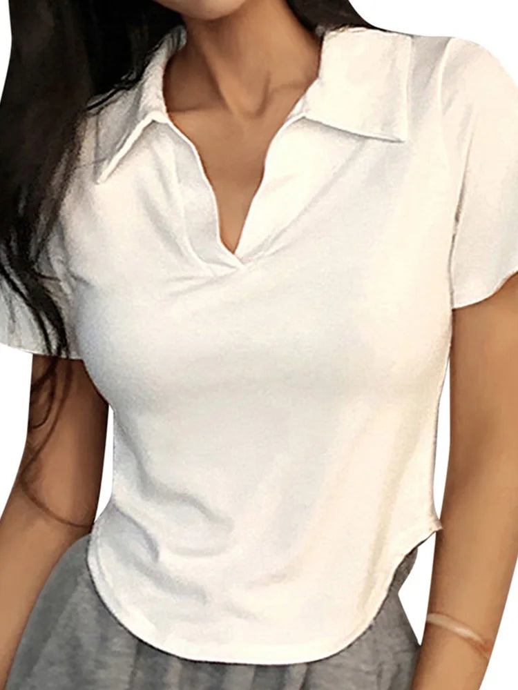 Solid VNeck Lapel Retro Crop Top