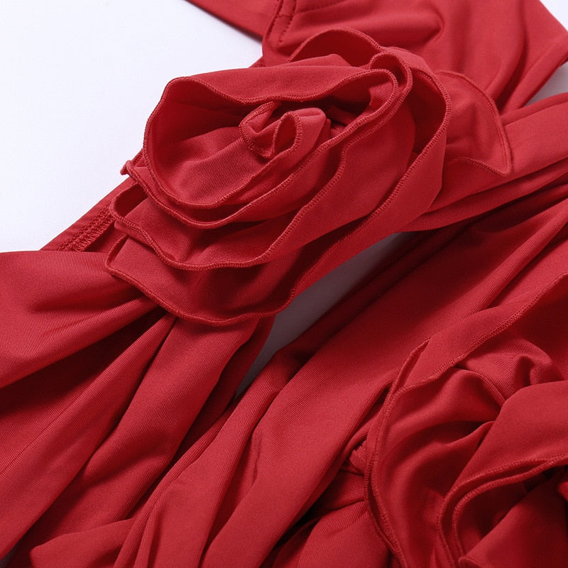 Red Spaghetti Strap Rosette Applique Ruched Cutout Bodycon Mini Dress