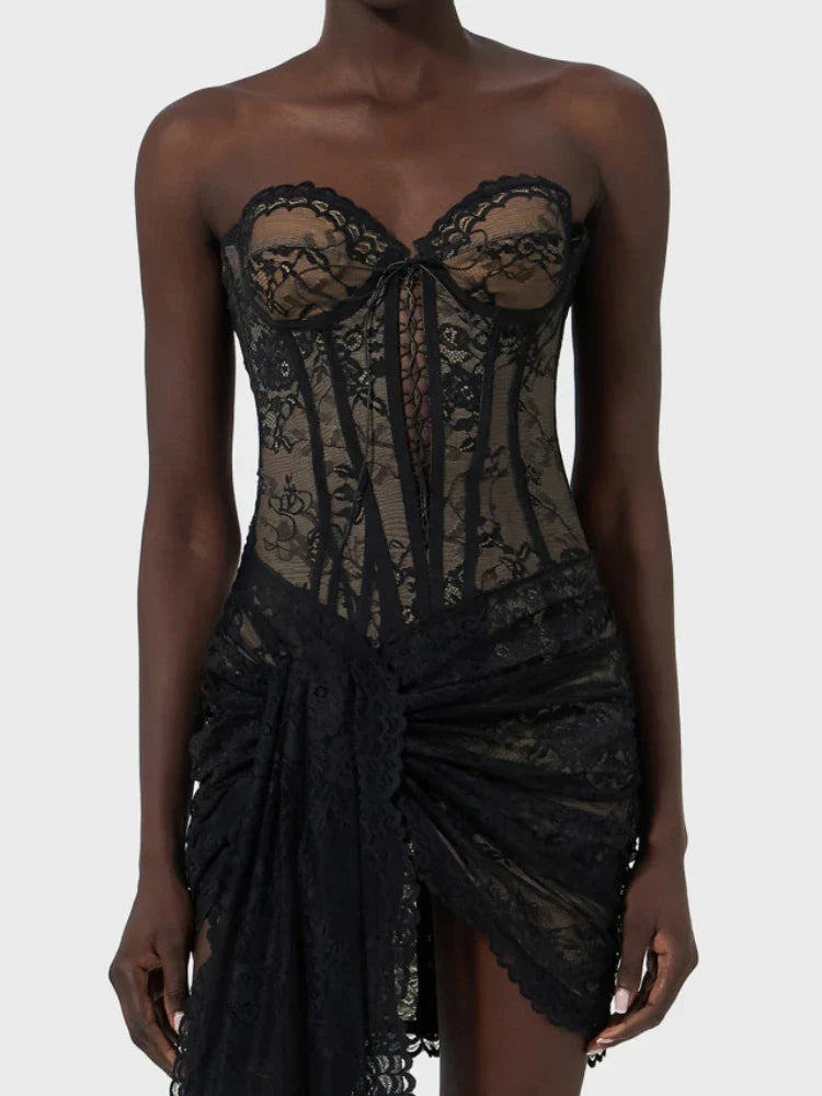 Lace-Up Corset Folds Draped Mini Lace Dress