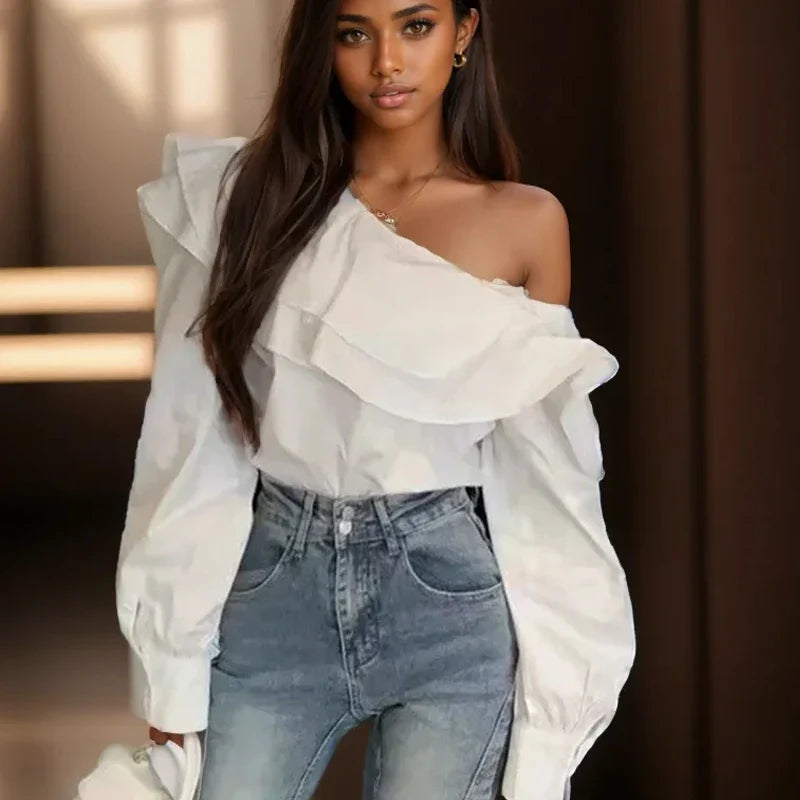 Vintage OffShoulder Ruffled White Blouse