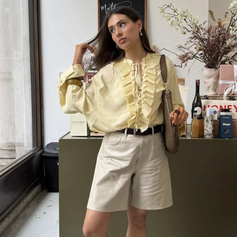 Casual Chiffon Pleated Laceup Blouse
