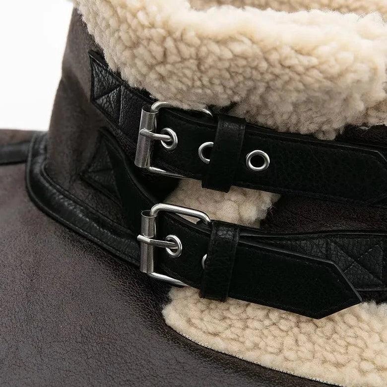 Brown Faux Shearling Lapel Leather Aviator Jacket