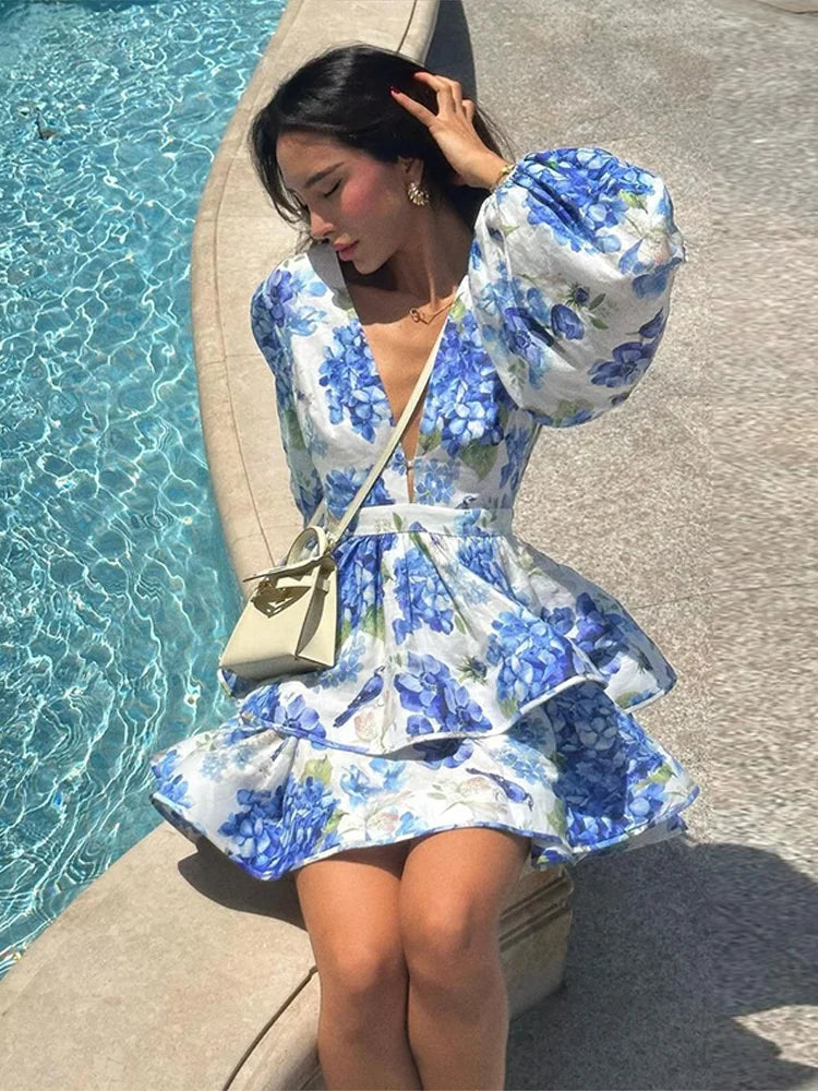 Print Ruffle Long Sleeve ALine Mini Dress