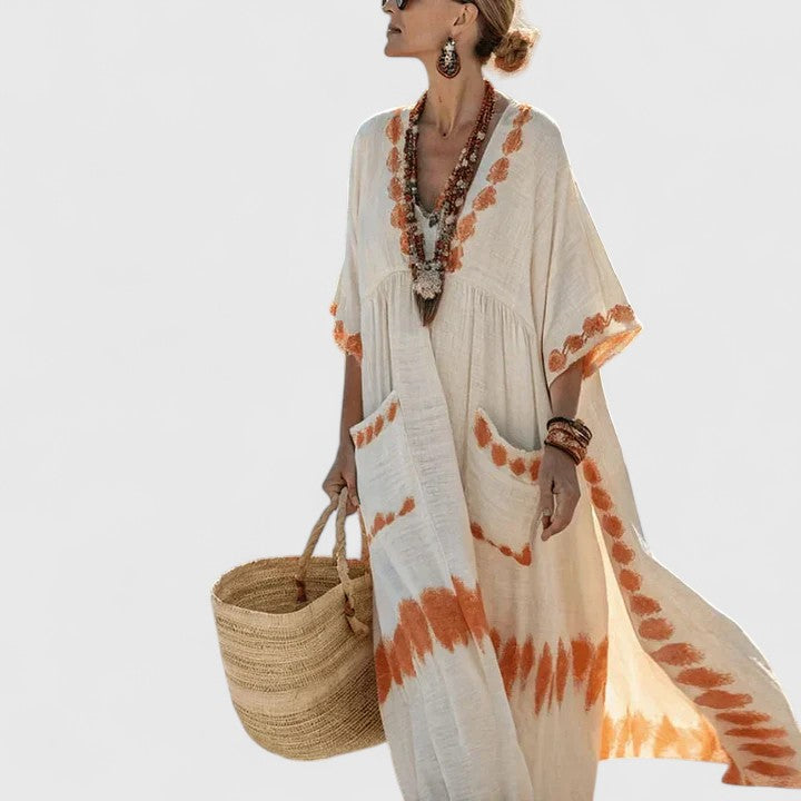 Split Neck Embroidered Striped Pocket Kaftan Maxi Dress