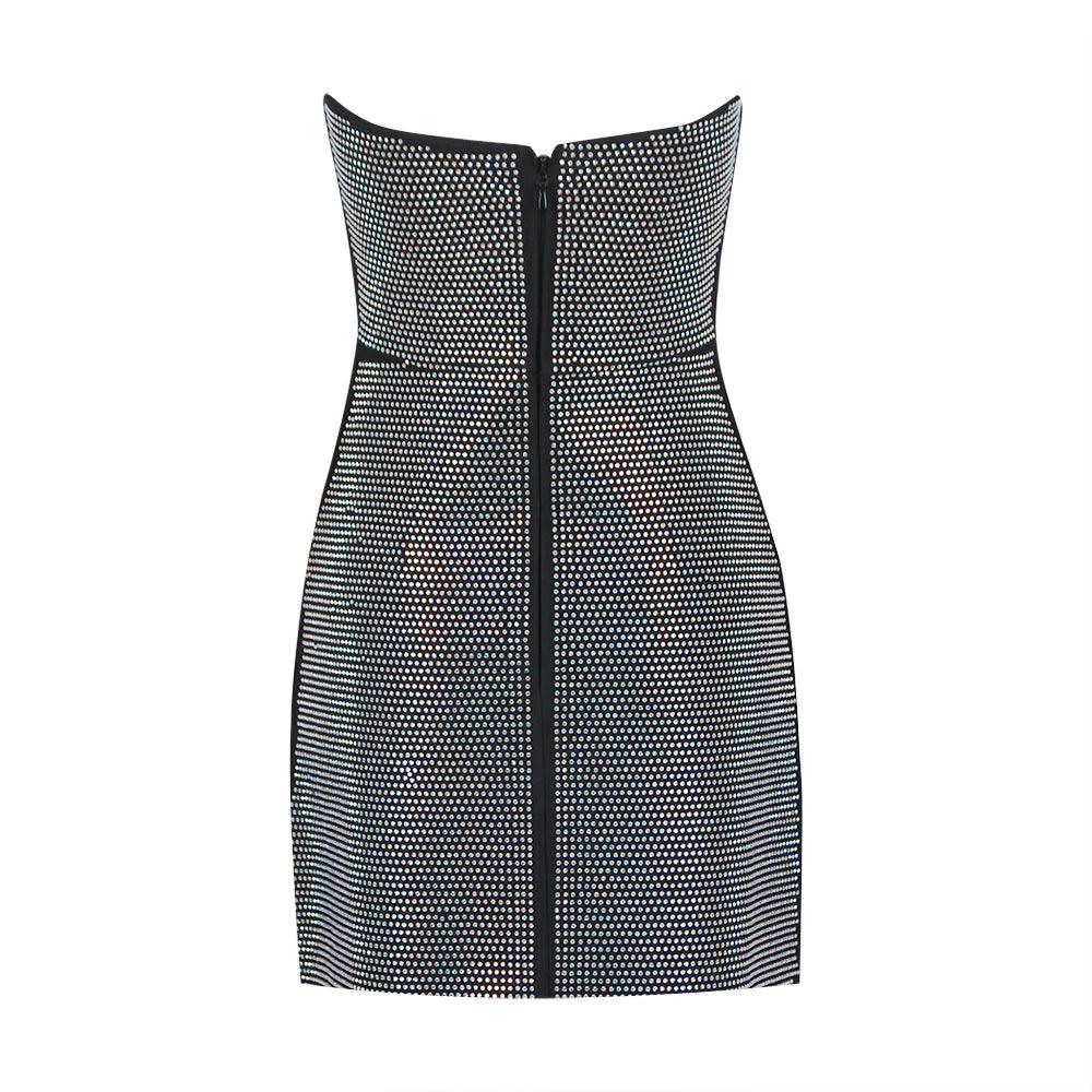 Black Strapless Rhinestone Mesh Cutout Bodycon Mini Dress 14