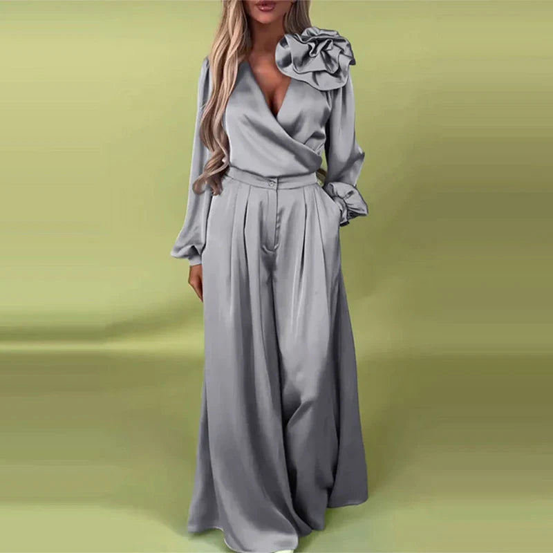 Satin Flower VNeck Wide Leg Suit