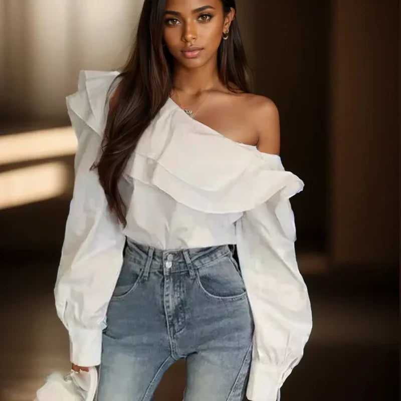 Vintage OffShoulder Ruffled White Blouse