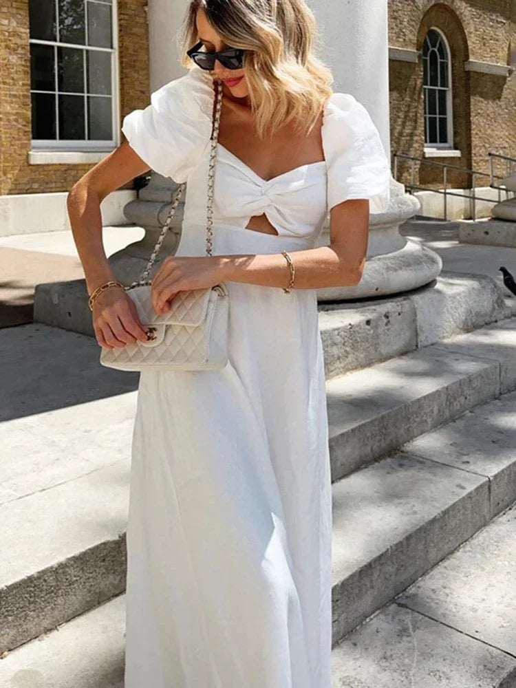 White Square Collar Puff Sleeve Long Dress For Women Slim A Line Twist Hollow Out Cotton Elegant Dresses Autumn Fashion